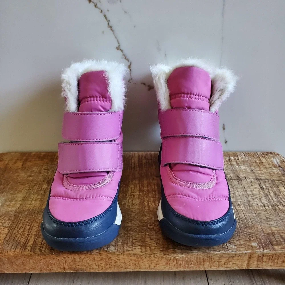 Sorel Boots Kids 9 Pink Hook & Loop Faux Fur Insulated Winter Snow NC3875-547